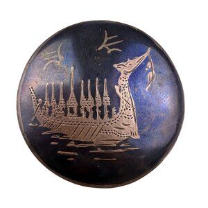 Vintage Siam Sterling Black Enamel Brooch Dragon Boat Design Round